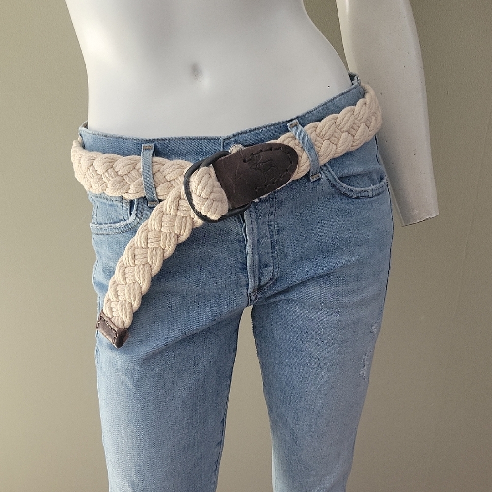 Abercrombie & Fitch Cotton Woven Cream Belt with Brown Leather Accents